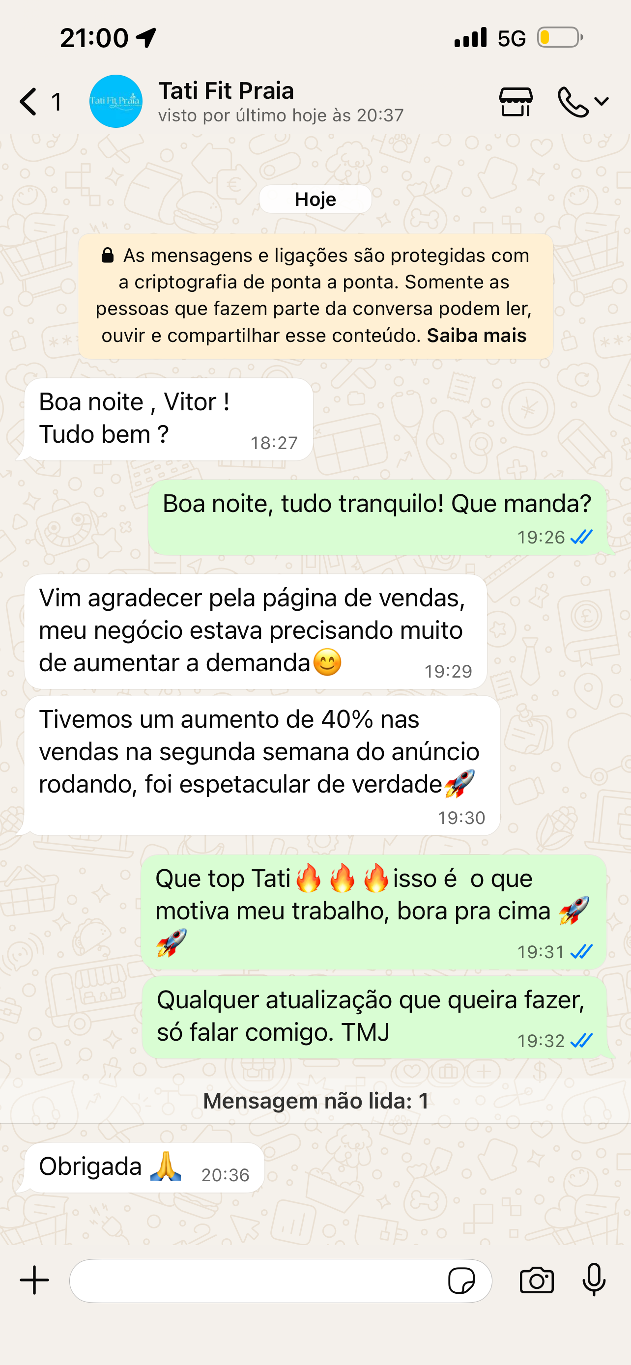 Conversa de WhatsApp em que a cliente Tati Fit Praia agradece pela página de vendas